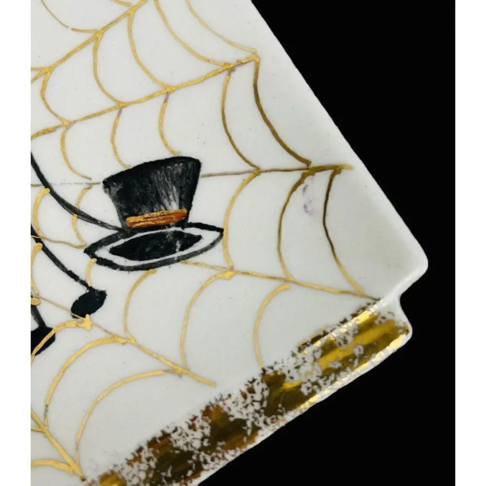 RARE Vintage 1950s Signed Spider Plates Halloween Smokey Sissy Kitschy Gold Trim